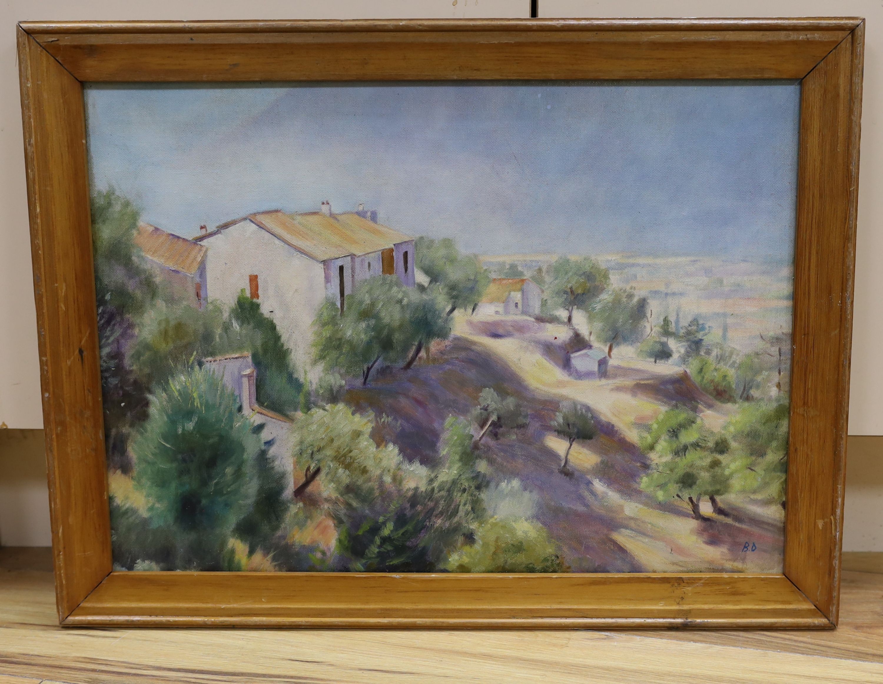 After Bernard Dunstan, oil on board, Mediterranean landscape, initialled, 40 x 54cm